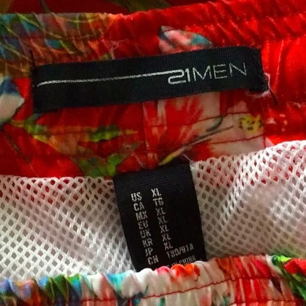 21 Men Red Hibiscus Floral Tropical Swim Trunks
